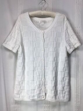 CJ Banks White Cotton Basket Weave Knit Short Sleeve Cardigan Sweater Sz.XL